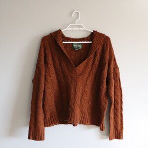 American Eagle Womens Sz XS Brown Oversized Cable‎ Knit V-Neck Hooded Sweater